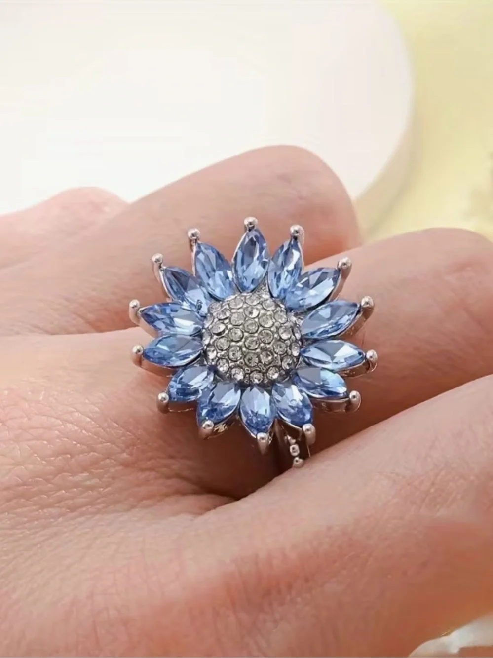 Silver-Tone Sunflower Cocktail Ring with Light Blue Stones